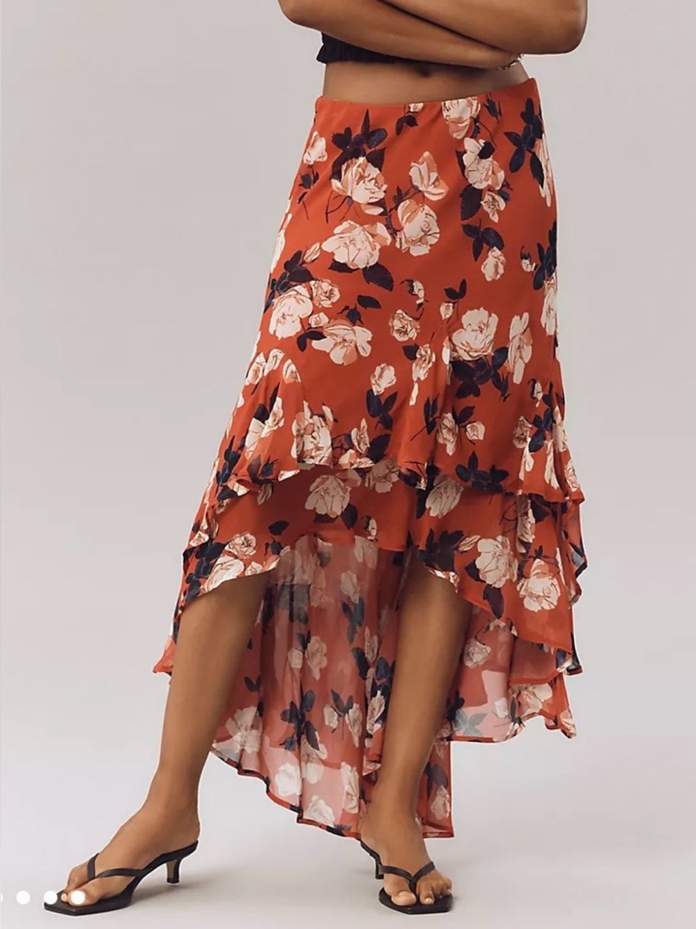 Anthropologie Maeve
 Floral Tiered Red High-Low Skirt